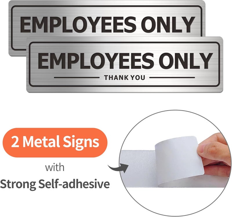 MongFun Employees Only Sign - 2 Pack Office Door Signs for Business Store Wall - Aluminum Metal with Strong Self Adhesive (Brushed Nickel/Black, 9" x 3") - Image 2